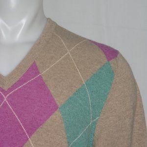 Hawick Scotland 100% Cashmere Tan Clover Argyle Sweater Large Sweater L NWT